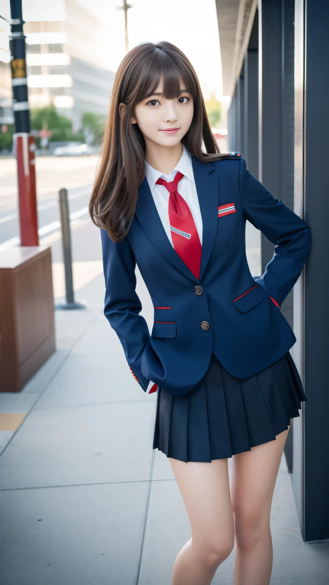 Ultra-high resolution, Superior Quality, Highest quality, Very detailed, Realistic, 8k, RAW Photos, Highest quality, masterpiece, Attractive girl, Awesome girl, Brown Hair, Shoulder-length layers, asymmetrical bangs, K-POPアイドル, Sophisticated, stylish, Shibuya Ward, ((masterpiece)),(((Highest quality))),Thin thighs,Long legs,Girl standing in school corridor,red tie uniform,Dark Blue Blazer,Dark blue skirt,Top and bottom in the same color、18-year-old,bangs,A small smile,Random Pause,pretty girl,Slender girl,