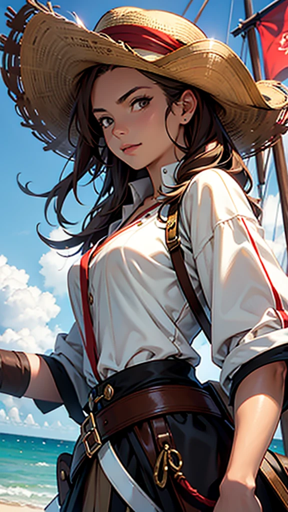 1 female, medium length brown hair, hazel eyes, wearing pirate outfit, at the helm of a pirate ship, wearing straw hat with red band, wearing straw hat