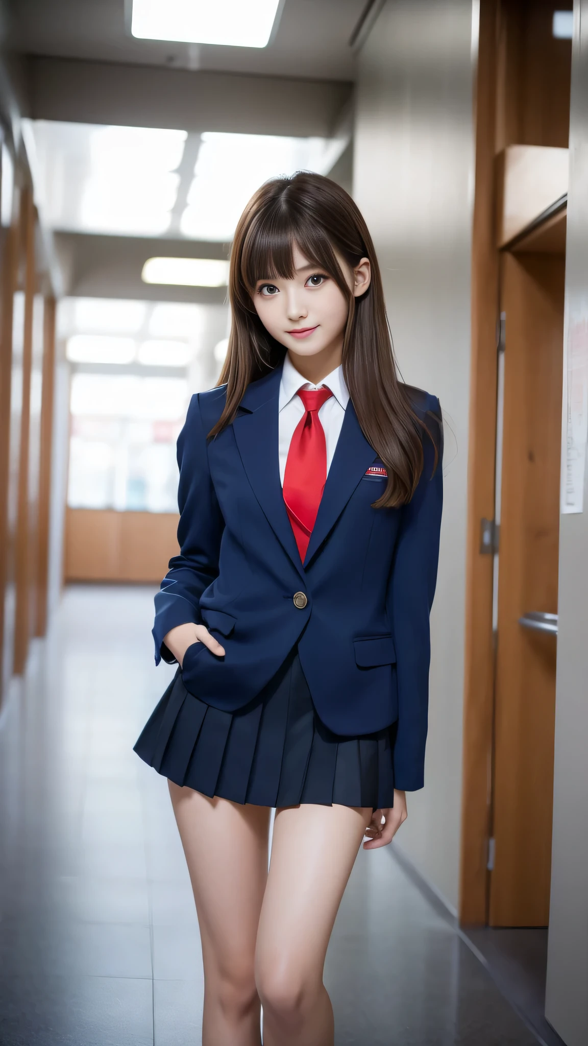 Ultra-high resolution, Superior Quality, Highest quality, Very detailed, Realistic, 8k, RAW Photos, Highest quality, masterpiece, Attractive girl, Awesome girl, Brown Hair, Shoulder-length layers, asymmetrical bangs, K-POPアイドル, Sophisticated, stylish, Shibuya Ward, ((masterpiece)),(((Highest quality))),Thin thighs,Long legs,Girl standing in school corridor,red tie uniform,Dark Blue Blazer,Dark blue skirt,Top and bottom in the same color、18-year-old,bangs,A small smile,Random Pause,pretty girl,Slender girl,