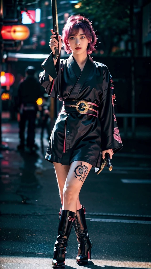 Beautiful Chinese woman, (16 years old), cute face, red lips, white moist skin, moles, (under-eye bags),
BREAK,
Feminine body with high athletic ability, Body of a female fitness model, Feminine body with hard tones, (Muscles: 1.2), (Beautiful belly button),
BREAK,
Fighter, Kung Fu fighter, Idol, (Yakuza), (Yakuza),
BREAK,
(Wearing a cute black kimono: 1.3), (Kimono with a lot of exposure), (Stiletto heels, black long boots 1.3), necklace, very large earrings, short length,
BREAK,
Short hair, (Short bob hair), (Bangs: 1.2), (Pink hair: 1.3), (Wavy hair),
BREAK,
(Very large Japanese sword: 1.4), (Holding the handle of a Japanese sword: 1.3), (Fighting: 1.2), (Getting into a fighting stance), (Beautiful blade of a Japanese sword: 1.2)
BREAK,
(Japanese tattoo: 1.4),
BREAK,
Masterpiece, Perfect lighting, Ultra high resolution, 8K, (Highly detailed: 1.4), (From the front), Looking at the camera, Melancholic expression,
BREAK,
(Tokyo city, lots of people in the background: 1.2), Shibuya city background in Tokyo, Japan, (Neon lights: 1.2)