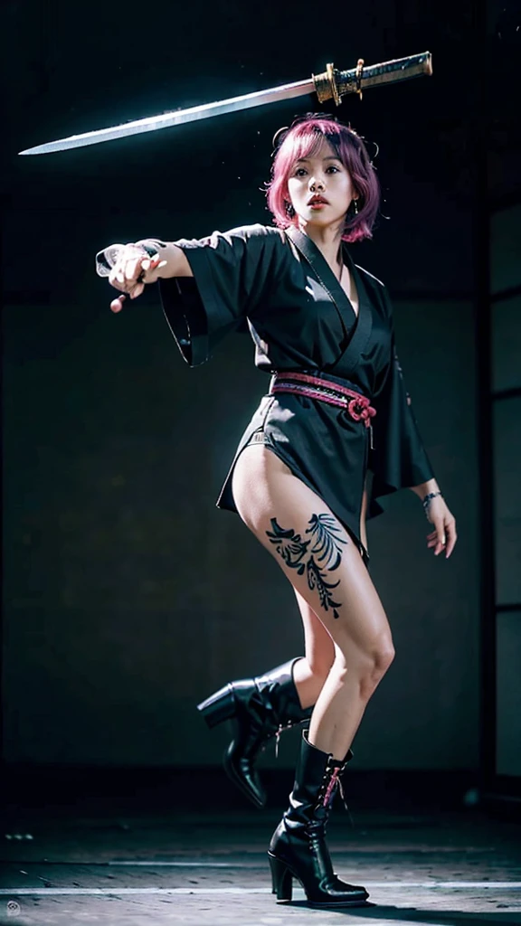 Beautiful Chinese woman, (), cute face, red lips, white moist skin, moles, (under-eye bags),
BREAK,
Feminine body with high athletic ability, Body of a female fitness model, Feminine body with hard tones, (Muscles: 1.2), (Beautiful belly button),
BREAK,
Fighter, Kung Fu fighter, Idol, (Yakuza), (Yakuza),
BREAK,
(Wearing a cute black kimono: 1.3), (Kimono with a lot of exposure), (Stiletto heels, black long boots 1.3), necklace, very large earrings, short length,
BREAK,
Short hair, (Short bob hair), (Bangs: 1.2), (Pink hair: 1.3), (Wavy hair),
BREAK,
(Very large Japanese sword: 1.4), (Holding the handle of a Japanese sword: 1.3), (Fighting: 1.2), (Getting into a fighting stance), (Beautiful blade of a Japanese sword: 1.2)
BREAK,
(Japanese tattoo: 1.4),
BREAK,
Masterpiece, Perfect lighting, Ultra high resolution, 8K, (Highly detailed: 1.4), (From the front), Looking at the camera, Melancholic expression,
BREAK,
(Tokyo city, lots of people in the background: 1.2), Shibuya city background in Tokyo, Japan, (Neon lights: 1.2)