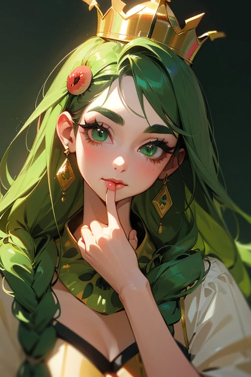 (Highest quality, masterpiece:1.2), High resolution, Very detailed, Realistic:1.37, Fantasy, An illustration, Green Eyes、Queen, Red and green swimsuit、Platinum decoration、beautifully、Eyeshadow Red、Thick eyebrows、Long eyelashes、pupils are black、Her hair is dark green、Gold crown、Kissing Face、Embarrassing、Beloved by the crowd、Hair is green、Braiding、hair ornaments、Laugh gently、((Eat kiwi fruit)).