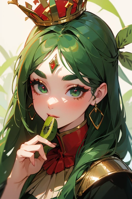 (Highest quality, masterpiece:1.2), High resolution, Very detailed, Realistic:1.37, Fantasy, An illustration, Green Eyes、Queen, Red and green swimsuit、Platinum decoration、beautifully、Eyeshadow Red、Thick eyebrows、Long eyelashes、pupils are black、Her hair is dark green、Gold crown、Kissing Face、Embarrassing、Beloved by the crowd、Hair is green、Braiding、hair ornaments、Laugh gently、((Eat kiwi fruit)).