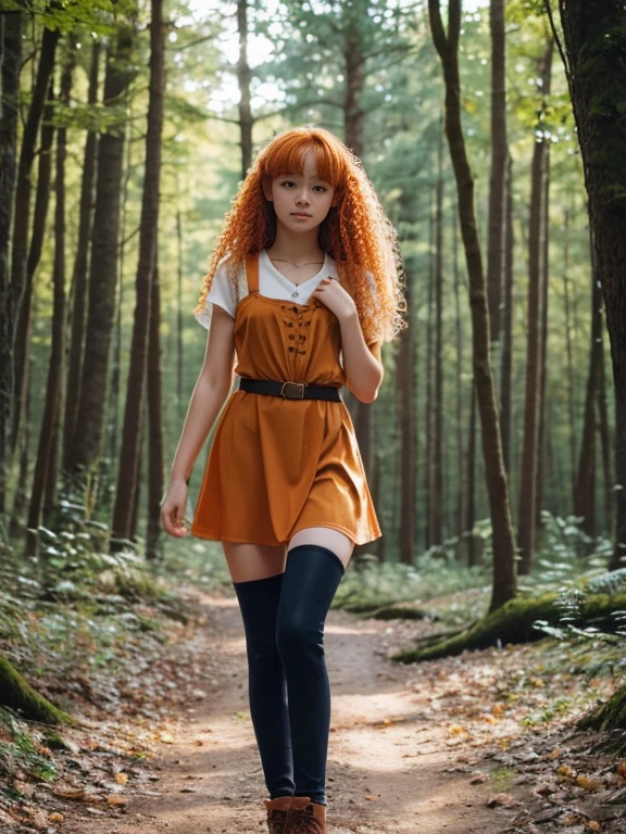 17 year old girl, Lovely, orange hair, Very short, Very curly, slim, flat bust, with freckles on the face, with slavic features, unknotting, leaning on tree, Whole body, two hands, shows her pretty legs, In the woods.