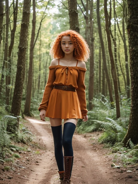 17 year old girl, Lovely, orange hair, Very short, Very curly, slim, flat bust, with freckles on the face, with slavic features, unknotting, leaning on tree, Whole body, two hands, shows her pretty legs, In the woods.