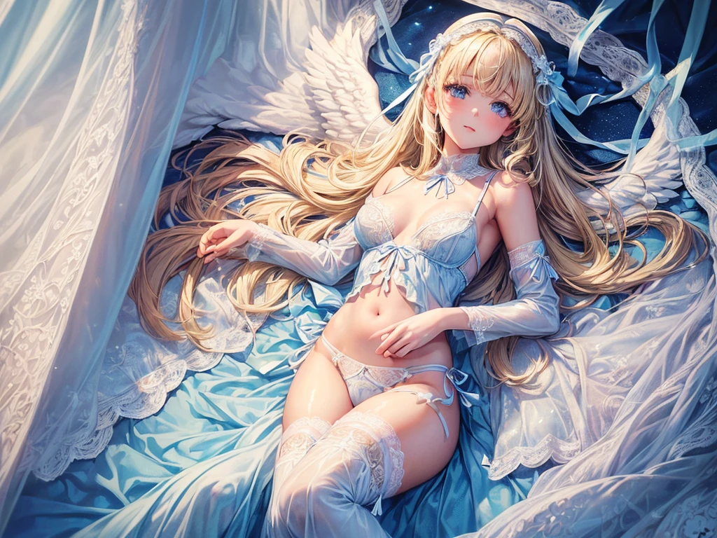 (((depict young girl angel))), (((top-quality, masterpiece))), ((lace lingerie)), ((cute white lingerie with lot of details)), (((light blue ribbons on lingerie))), straight blond hair, deep blue eyes, small breasts, nice hips, open shoulder, (Masterpiece, Excellent, complex details), delicate girl, delicate face, happy smille