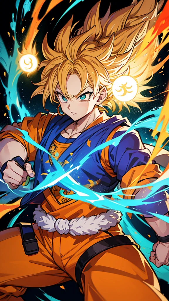 Dragon Ball、Sun Wukong、The costumes are flashy, psychedelic and pop.、The illustrations are generally flashy、The background is a street wall with spray art.、

