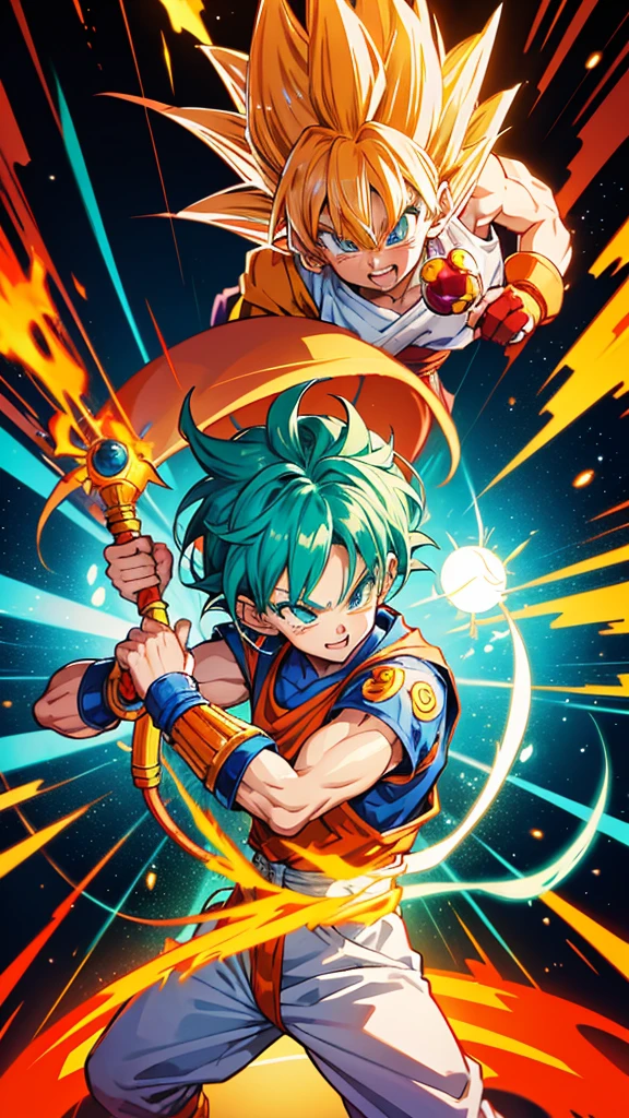 Dragon Ball、Sun Wukong、The costumes are flashy, psychedelic and pop.、The illustrations are generally flashy、The background is a street wall with spray art.、

