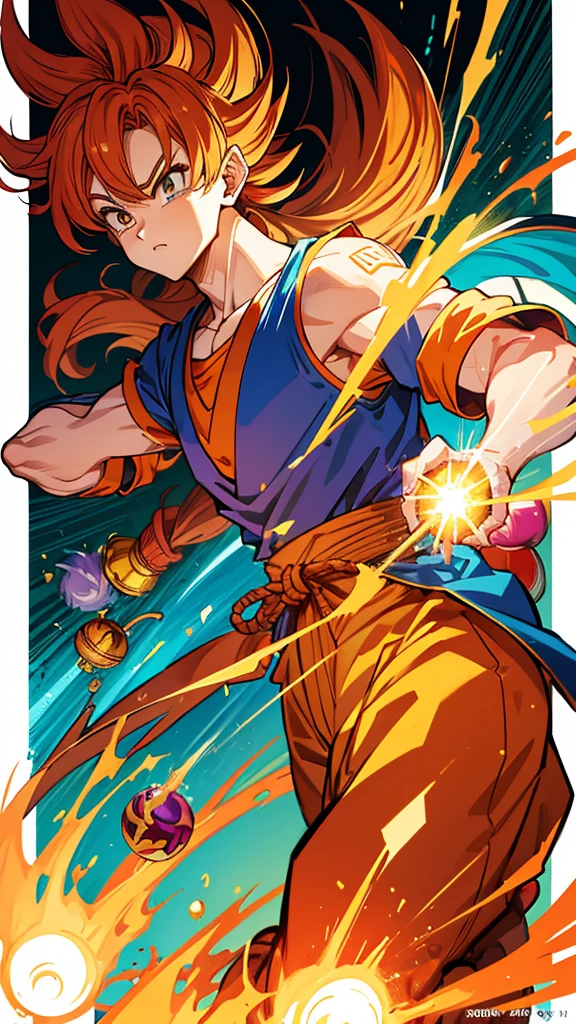 Dragon Ball、Sun Wukong、The costumes are flashy, psychedelic and pop.、The illustrations are generally flashy、The background is a street wall with spray art.、
