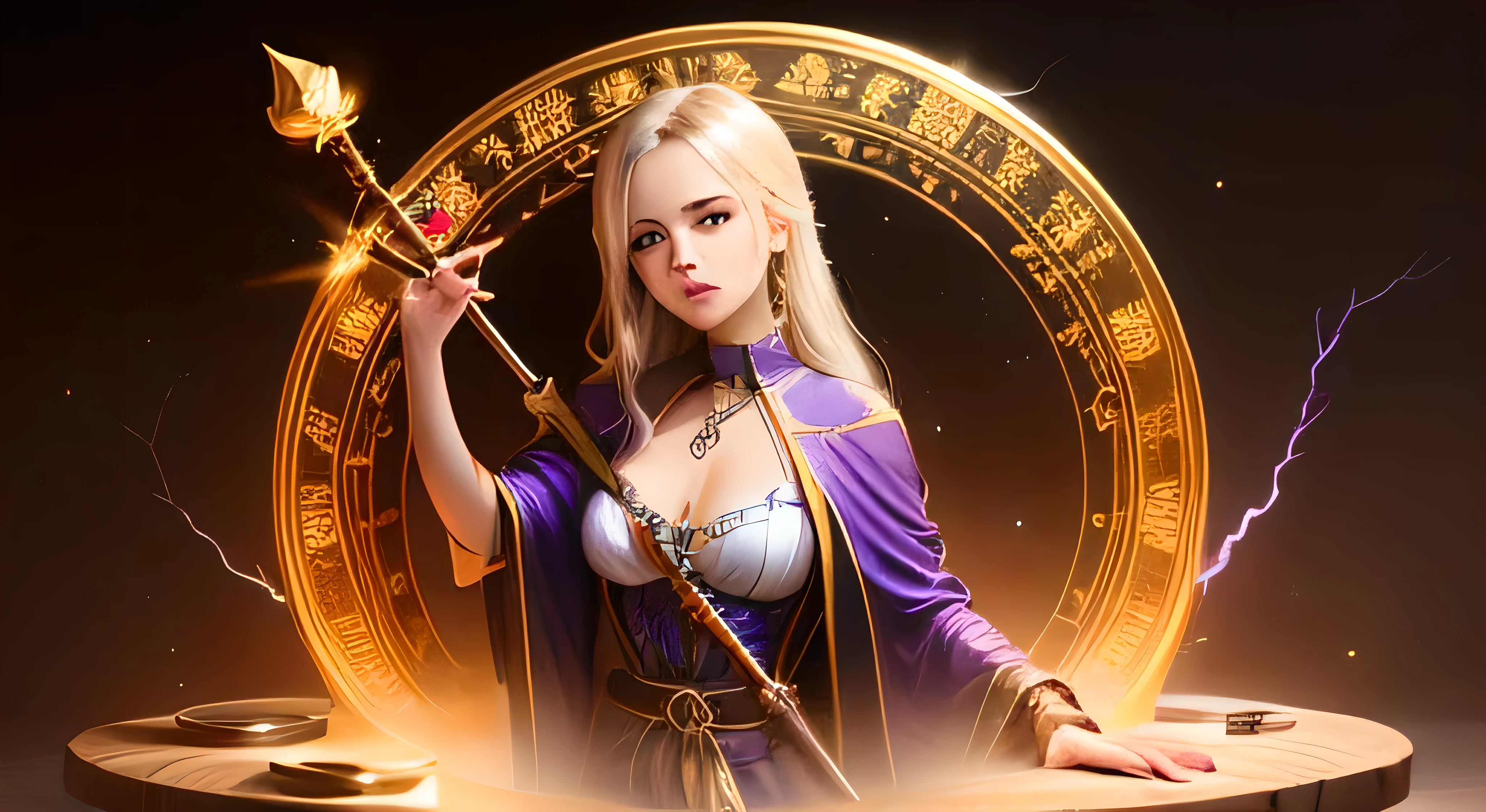 Cute girl Magic Taoist magic circle sexy Blonde Sparkling Eyes Lightning Staff Jewelry box Amethyst Pendant