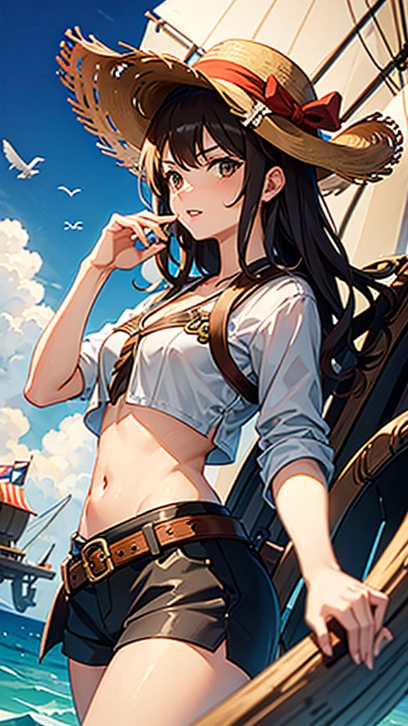 1 female, medium length brown hair, hazel eyes, wearing pirate outfit, at the helm of a pirate ship, wearing straw hat with red band, wearing straw hat