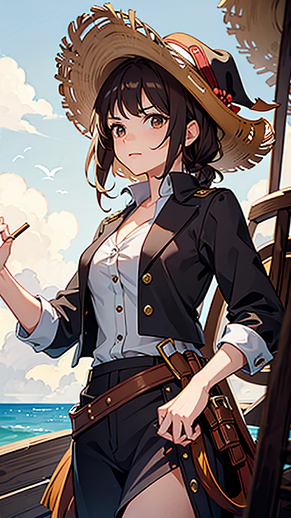 1 female, medium length brown hair, hazel eyes, wearing pirate outfit, at the helm of a pirate ship, wearing straw hat with red band, wearing straw hat
