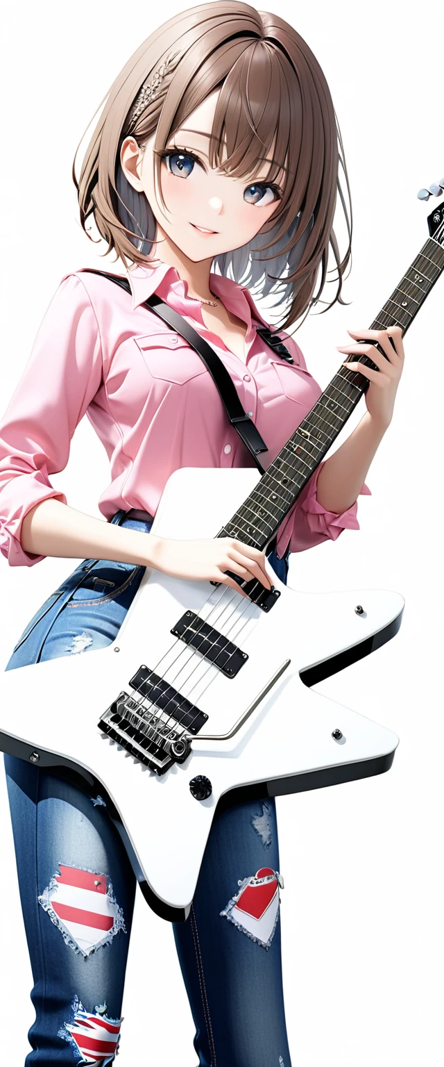 (((White background:1.5)))、(very wide shot)、(masterpiece、Ultra HD、Highest quality、Masterpiece、4K:1.2)、Slender body、Holding a white electric guitar,Scandinavian Metal Girl, A gentle gaze at the camera, Intricate details, Highly detailed eyes, Highly detailed fingers、Brown bob hair、Pink shirt and blue jeans, Wearing high heels、Intricate details、A kind smile、(((Dynamic pose:1.5)))