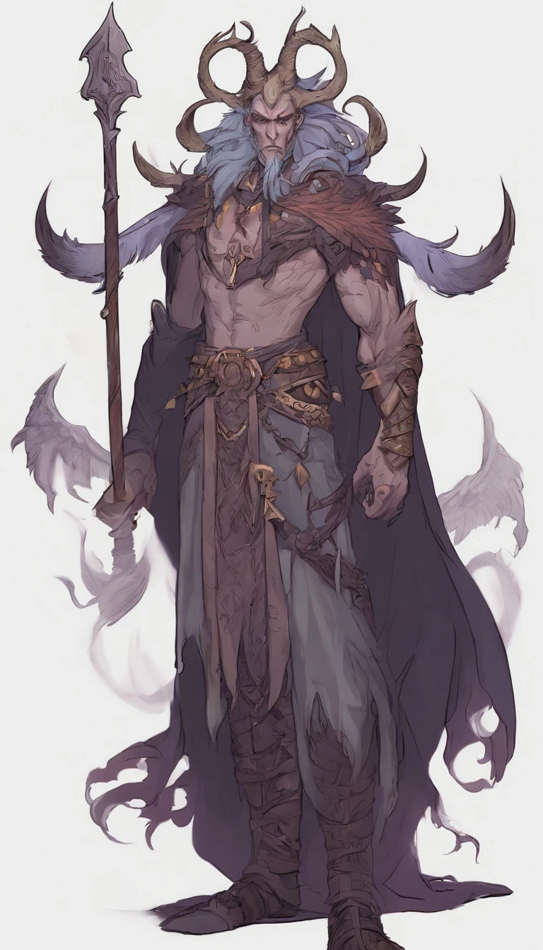 A full body concept art of a Dark Elf Druid. He is tall and muscular, with many tattoos, a feather cape, and antlers. inspired by Malfurion. The character has perfect proportions, tall, slim, and muscular. The character has lavender skin. The background is blank.