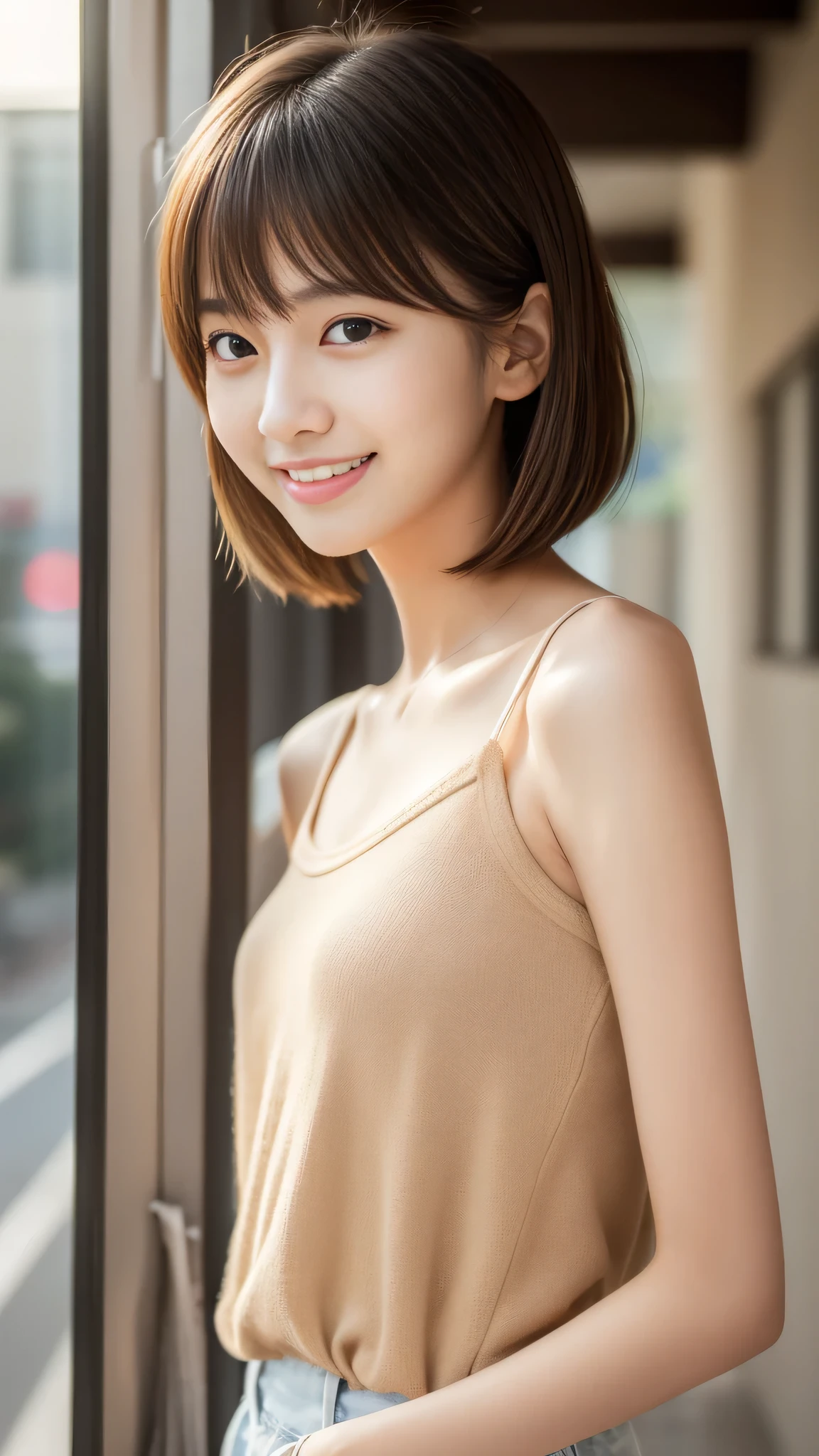 Ultra-high resolution, Superior Quality, Highest quality, Very detailed, Realistic, 8k, RAW Photos, Highest quality, masterpiece, Attractive girl, Awesome girl, Brown Hair, Shoulder-length layers, asymmetrical bangs, K-POPアイドル, Sophisticated, stylish, Shibuya Ward, ((masterpiece)),(((Highest quality))),Thin thighs,Long legs,Girl standing in school corridor,bangs,A small smile,Random Pause，cute girl，Slender girl，(Photo realistic:1.4), (hyper Realistic:1.4), (Realistic:1.3), (Smooth lighting:1.05), One Girl, Pure beauty, Age 19. Lovely, cute, Tank top, Warm Light, Realistic lighting. Backlight、Facial Light, (Cheerfulness:1.2). (Improved image quality:1.4). (Top quality real texture skins). Finely grained. The small face of a skinny girl. Proudly. Pointed jaws. Face close-up. Korean Idol, Gravure Idol Pose Slender. Glowing Skin, Nogizaka Idol,The best smile