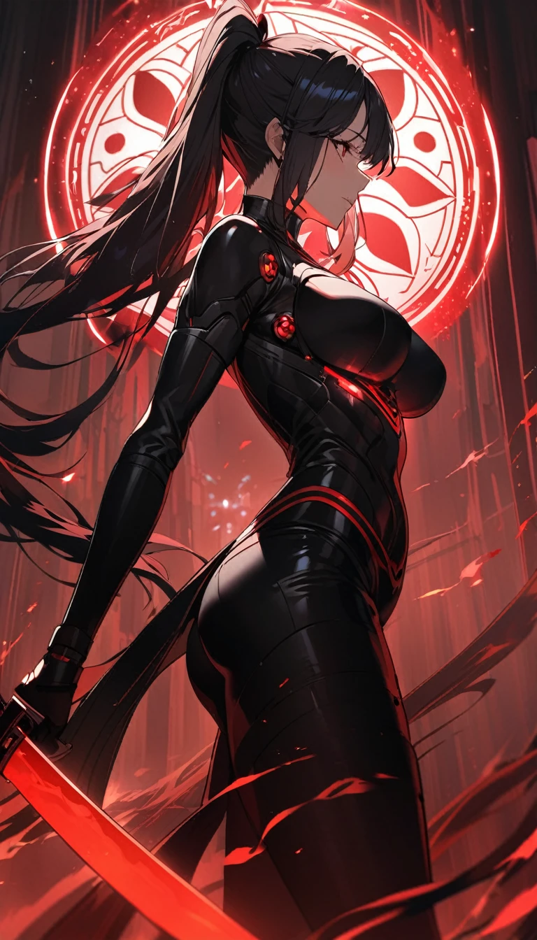 A woman,matured, perfect anatomy, high tech gas mask,long pony tail hair(black hair),red aura,red magic circle,long samurai sword,tight outfit,,closeup cinematic lighting, cinematic angle,side view
