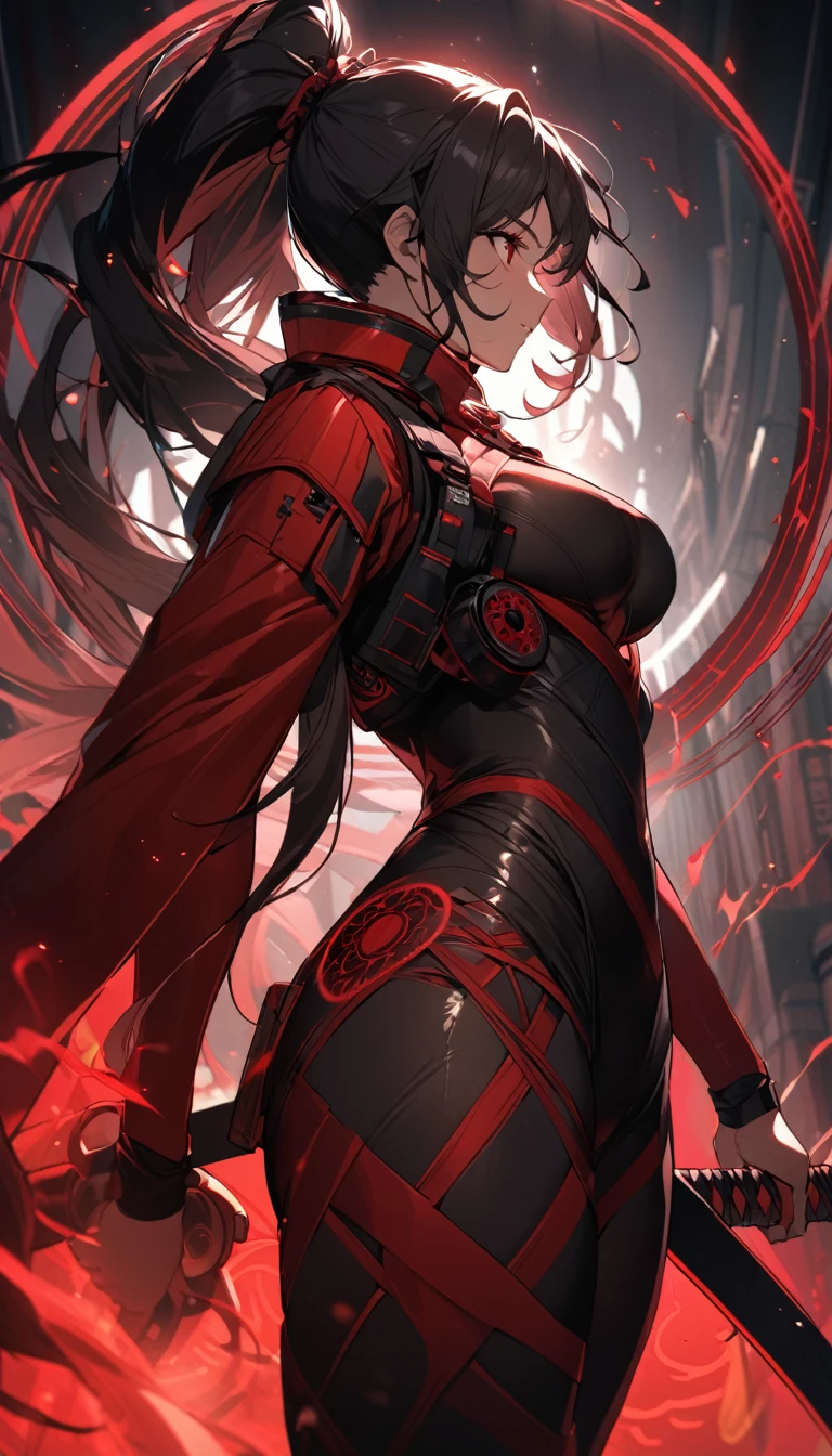 A woman,matured, perfect ???????, high tech gas mask,long pony tail hair(black hair),red aura,red magic circle,long samurai sword,tight outfit,,closeup cinematic lighting, cinematic angle,side view