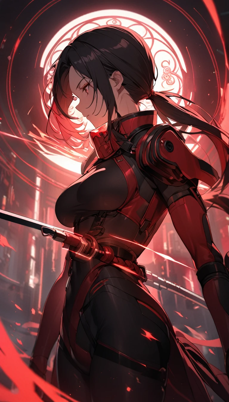 A woman,matured, perfect anatomy, high tech gas mask,long pony tail hair(black hair),red aura,red magic circle,long samurai sword,tight outfit,,closeup cinematic lighting, cinematic angle,side view