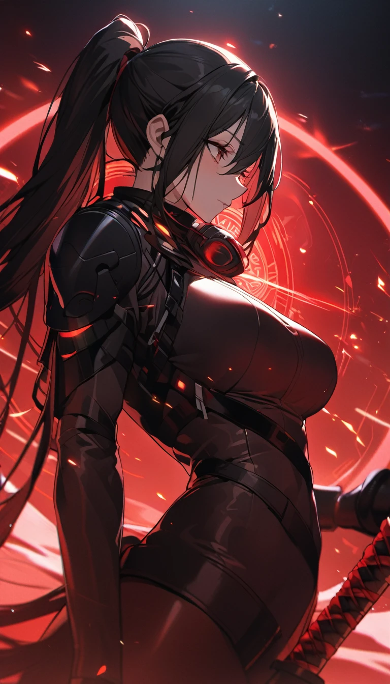 A woman,matured, perfect anatomy, high tech gas mask,long pony tail hair(black hair),red aura,red magic circle,long samurai sword,tight outfit,,closeup cinematic lighting, cinematic angle,side view