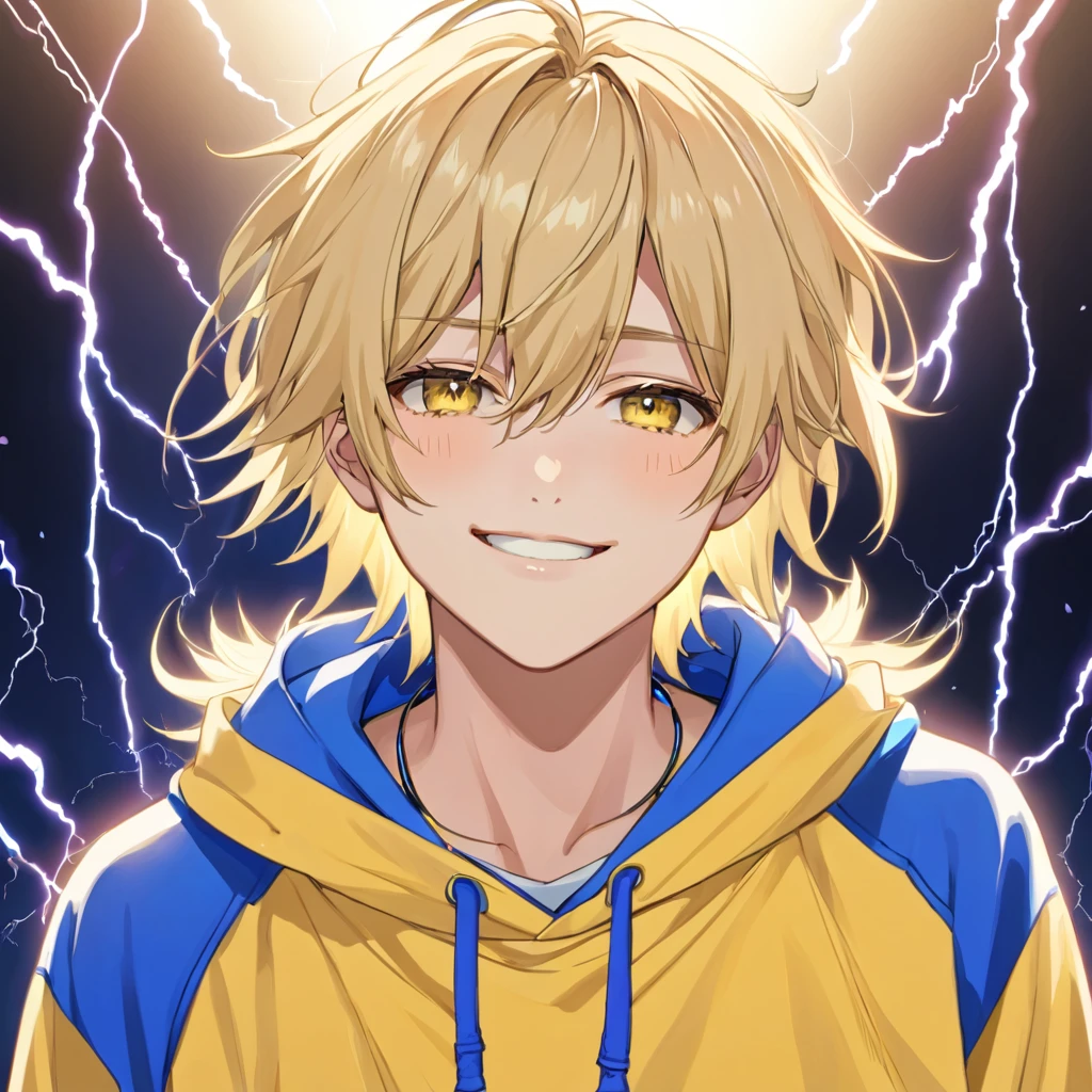 Arte Anime Yaoi Aesthetic 4K, 1 Boys Love Anime Boy, femboy, Gay, Straight Blonde Hair Falling Down to the Chin with a Parting on the Forehead, Electric Blue Locks, Light brown eyes, round portruding chin, Yellow Sweatshirt Blue Details, fluffly, Lightning Necklace, (Young and Beautiful Appearance) cuteness, mellow, Grinning, hand in hair, (Miyano Appearance), (Single Male) (standing alone)