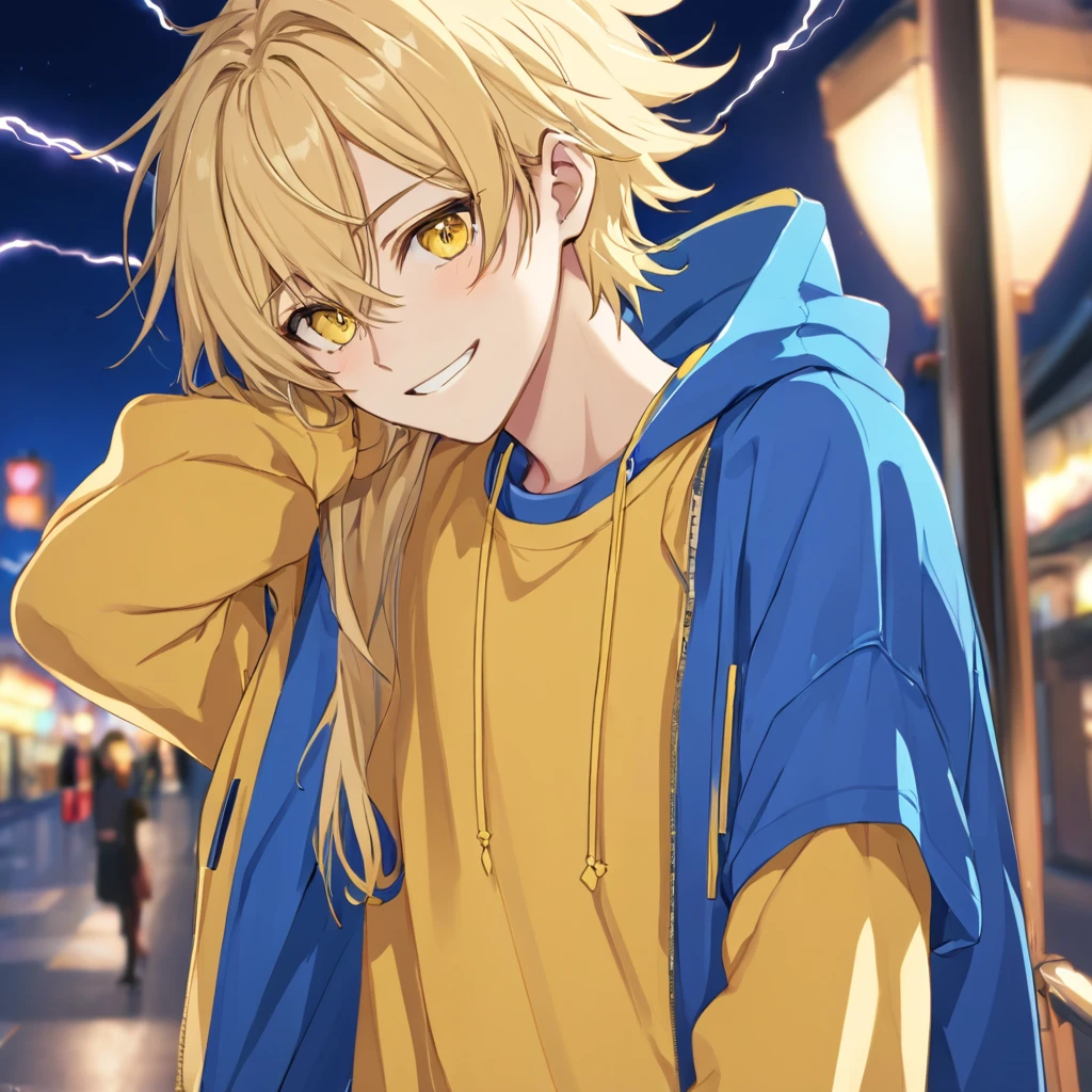 Arte Anime Yaoi Aesthetic 4K, 1 Boys Love Anime Boy, femboy, Gay, Straight Blonde Hair Falling Down to the Chin with a Parting on the Forehead, Electric Blue Locks, Light brown eyes, round portruding chin, Yellow Sweatshirt Blue Details, fluffly, Lightning Necklace, (Young and Beautiful Appearance) cuteness, mellow, Grinning, hand in hair, (Miyano Appearance), (Single Male) (standing alone)