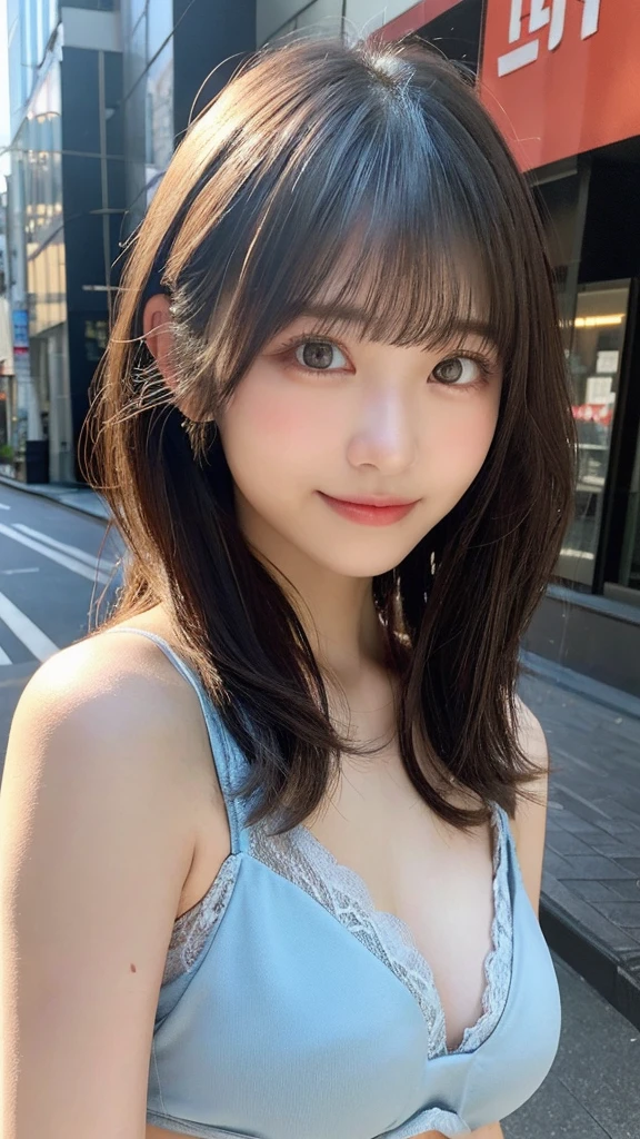 Highest quality:1.5)、(Real:1.5)、(1 person:1.5)、Very detailed、High quality、High resolution、8k wallpaper、Perfect dynamic composition、Small breasts、Natural color lips、Cute Smile、Japanese women、、Beautiful and exquisite顔、Perfect and beautiful face、Beautiful and exquisite、Big eyes、Brunette's eyes、Beautiful and exquisite顔、Perfect and beautiful double eyelids、Natural Bangs、Beautiful and thin nose、Beautiful Skin、Black natural hair、Long Hair、Natural Bangs、Perfect and beautiful face、Slim face and figure、(looking at the camera)、Bright lighting、Professional Lighting、Shoulder-length layers、Asymmetrical bangs、Japanese Idols、Sophisticated、Shibuya Ward、Waist-down angle、Light blue lace bikini