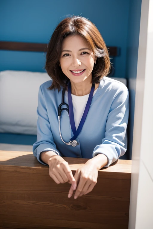 A smiling woman in her 50s wearing a doctor&#39;s gown