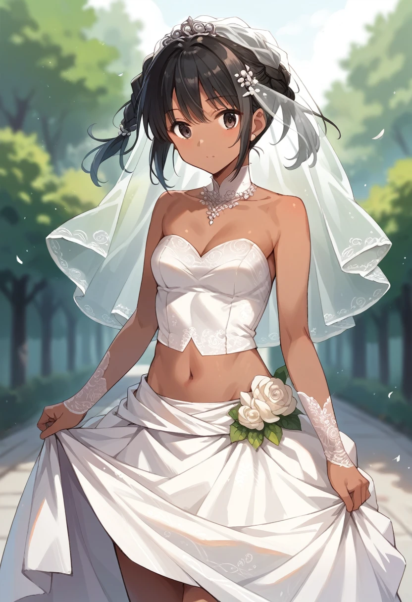 score_9,score_8_up,score_7_up,source_anime,cowboy shot,Idealized Forms,Natural Light,details background,blurry background,extremely detailed 1girl,(aga),1girl, talim, black hair, twintails, braid, dark skin, navel, midriff,((Wedding dress)),intricate pattern