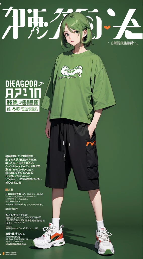 サイバーパンク, オーバーサイズパーカー, Wearing big sneakers, whole body, Simple Background, Magazine cover style, Snake themed characters, Dull green image color, Snake's Tail, The snake's tongue is sticking out of its mouth, snake pupils, tachi-e, projected inset, UHD, best quality, highres, 8k