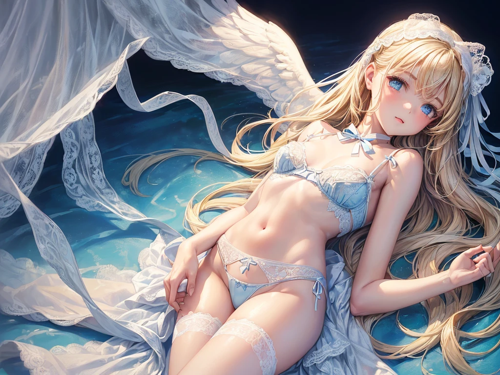(((depict young girl angel))), (((top-quality, masterpiece))), ((lace lingerie)), ((cute white lingerie with lot of details)), (((light blue ribbons on lingerie))), straight blond hair, deep blue eyes, small breasts, nice hips, open shoulder, (Masterpiece, Excellent, complex details), delicate girl, delicate face, happy smille