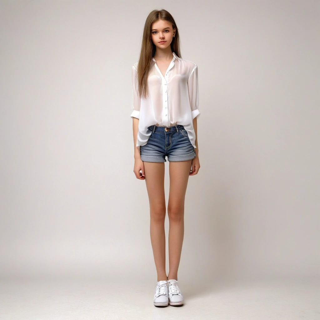 black pubic hair, front view, beautiful, completely naked very skinny russian girl 14 years old, bare thighs, earrings, in wide open white blouse, stand in mix shoes heel, arms crossed, white background, photorealistic