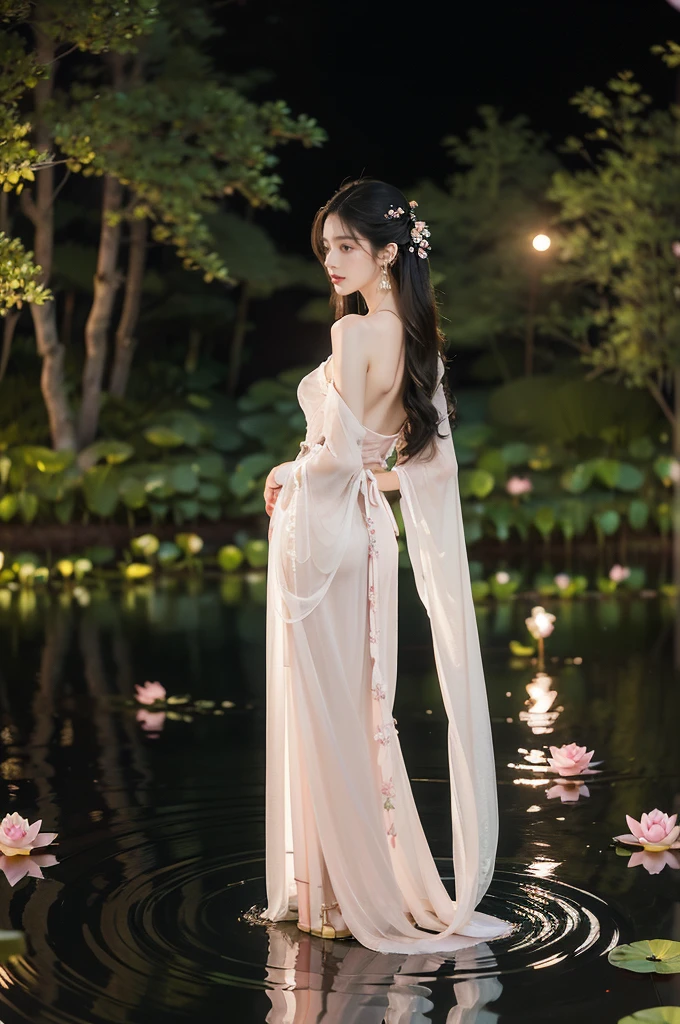 (((best quality))),(((ultra detailed))),(((masterpiece))),illustration,((1 beautiful young  girl,solo)),((slim,thin)),(shoulder length straight hair:1.2),((earrings,necklace)),((small breasts,flat chest)),(see through traditional pink sheer Hanfu dress:1.3),(slender legs:1.2),(beside the lotus pond full of lotus flowers:1.3), serene moonlight, ethereal,floral pattern, water movement, billowing fabric, tranquil, moon reflection, petals, fireflies, magical, light,warm light, dreams, invitation, (standing:1.3),(arms behind back:1.3),gazing, reflection, inner thoughts, emotional, sweet scent, natural beauty, solitude, hypnotic lull, eternal summer night, natural world, human spirit, celebration, backdrop, water, glow,((from front,full body))