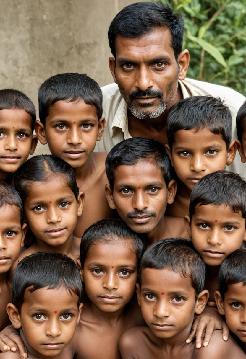 indian poor father with lots of children, looking at camera