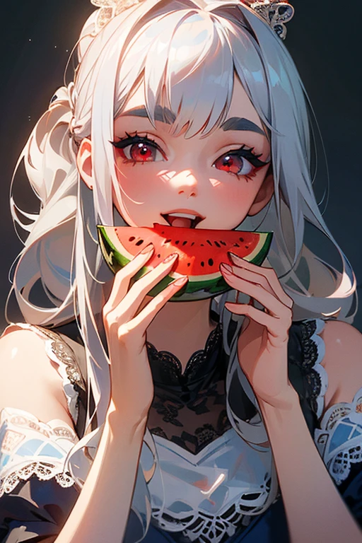(Highest quality, masterpiece:1.2), (High resolution, 最高masterpiece).(difficult).Very detailed, Realistic:1.37, Fantasy, An illustration,Gray Hair、 Red eyes、Queen, White and blue dress、beautifully、Eyeshadow Red、Thick eyebrows、Long eyelashes、pupils are black、shiny on the lips、Top Sites、Queen、Princess、A kind smile、Show your teeth a little and smile、Soft impression、people々々々々Loved by、Slimming the face、Shoulder Bare、ponytail、Kissing Face、Long white hair、Shaggy Bangs、Save face image、((Lace Underwear)).(Eating watermelon)