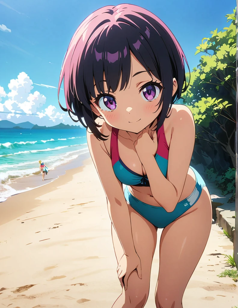 (anime artwork, anime style, studio anime, very detailed, up to date, vibrant, Anime Coloring, high contrast, masterpiece:1.2, best quality, best aesthetics),2 girl,hug from behind,swim suits, Medium chest, A glimpse of thighs,random hair, One eye is hidden by the bangs, perfect proportions, high detail skin, Cute, detailed faces,beach, precise fingers,curvy,swim suits crowd