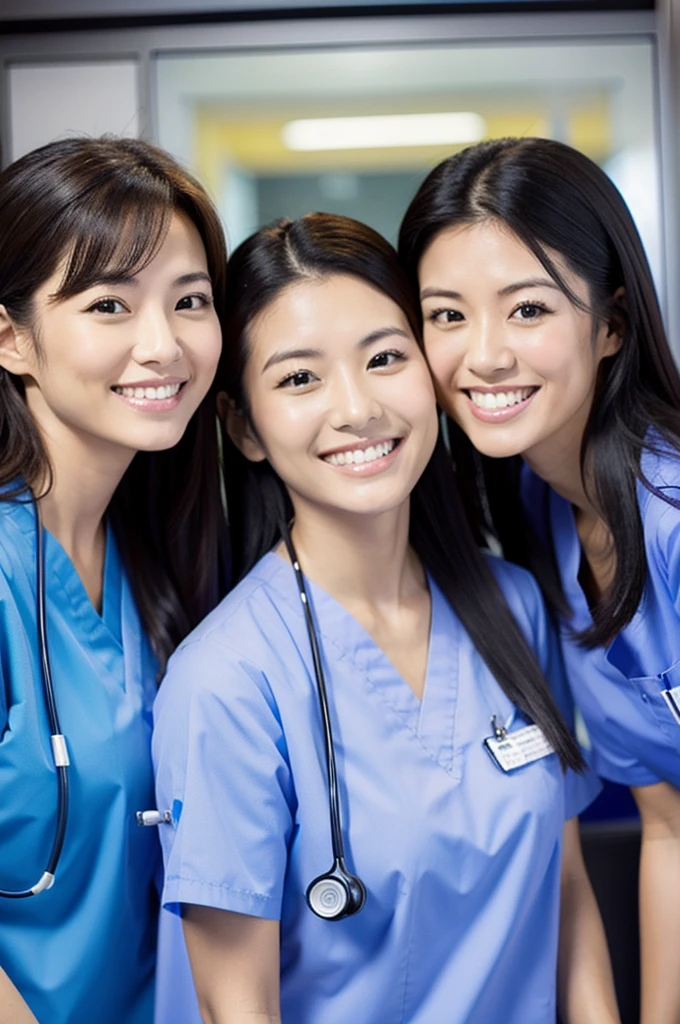 Dental hygienist, two women, smiling, all wearing black medical scrubs, short sleeves, Japanese, black hair, women in their early 20s Upper body close-up high resolution Highest quality Don't press your face too much Shooting outside Harmony々 No accessories included