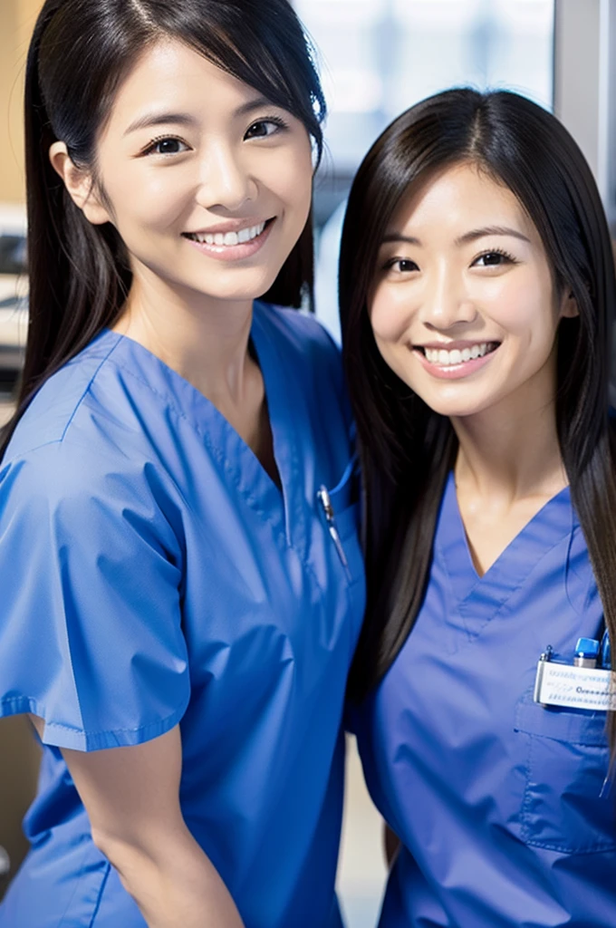 Dental hygienist, two women, smiling, all wearing black medical scrubs, short sleeves, Japanese, black hair, women in their early 20s Upper body close-up high resolution Highest quality Don't press your face too much Shooting outside Harmony々 No accessories included