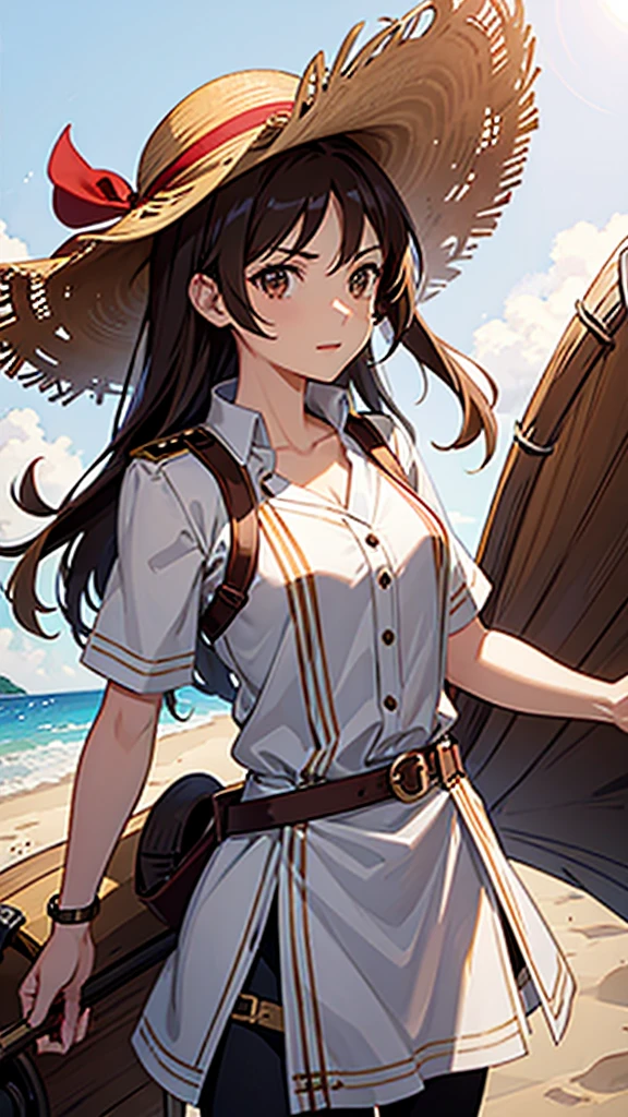 1 female, medium length brown hair, hazel eyes, wearing pirate outfit, at the helm of a pirate ship, wearing straw hat with red band, wearing straw hat