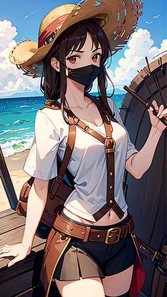 1 female, medium length brown hair, hazel eyes, wearing pirate outfit, at the helm of a pirate ship, wearing straw hat with red band, wearing straw hat