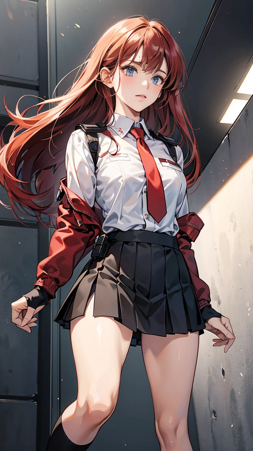 {{masterpiece}}, {{{Highest quality}}},{{Very detailed}}, {{figure}},{{tall}},{{Adult female}},,{{Fighting stance}},,,{{blushing with anger}},,{{Long sleeve mini skirt uniform}},,,{{blushing with anger}},}{}},{fighting stance}},{},{}, ,{{}},{{Eyelet foot}},,{{From Below }},{{}},,{{}},{{}},,Slender body}}{{Avoidance}}{{Female police officer}},,,,suspenders ,Long sleeve mini skirt uniform, White High Socks,Black fingerless gloves, Long Red Hair, Red tie,Straight hair ,Blunt bangs,Thigh holster,.amountn loafer,,blush,Wrinkles ,amount,Grit your teeth,suffering,v-shaped eyebrows.,Sweat dripping,Medium chest ,get annoyed,,Slums,,Twisting,