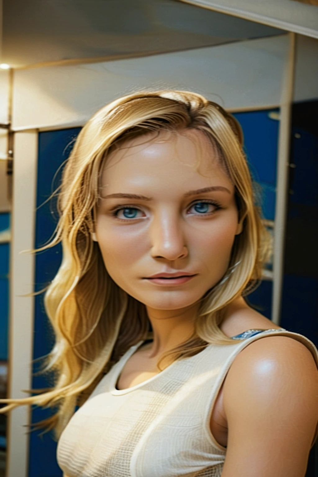 blonde with blue eyes naked legs spread, she gets wet