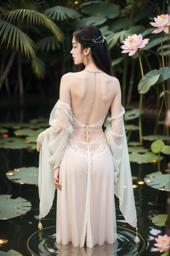 (((best quality))),(((ultra detailed))),(((masterpiece))),illustration,((1 beautiful young  girl,solo)),((slim,thin)),(shoulder length straight hair:1.2),((earrings,necklace)),((bare back,towering hips,butt crack,shoulder off)),(see through traditional pink sheer Hanfu dress:1.3),(beside the lotus pond full of lotus flowers:1.3), serene moonlight, ethereal,floral pattern, water movement, billowing fabric, tranquil, moon reflection, petals, fireflies, magical, light,warm light, dreams, invitation, standing, gazing, reflection, inner thoughts, emotional, sweet scent, natural beauty, solitude, hypnotic lull, eternal summer night, natural world, human spirit, celebration, backdrop, water, glow,((from back,upper body))