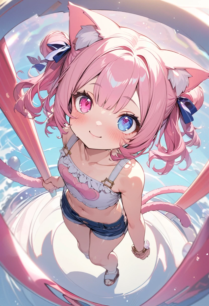 masterpiece, best quality, insanely detailed, 16K, absurdres, Full-HD,, hopeful, smile,looking away, twintail, two side up, bun hair, wave hair, medium hair,twintails, hair bun, blunt bangs, wavy hair, shiny hair, pink hair, colored inner hair, pink eyes, blue eyes, odd eyes, with heart-shaped irises, with sparkling eyes, with diamond-shaped irises, with star-shaped irises, with irises, big eyes, droopy eyes, heterochromia, wide-eyed, with heart-shaped eyes, with heart-shaped pupils, fair skin, shiny skin, detailed skin, chibi, slim, tube top, shorts, hair ribbon, sunglasses, smaller face, with cat ears, cat tail, cute face, baby face, japanese idol, 9-year-old, , kawaii, cute,  full body shot, from front, front view, from above, wide view, wide shot, golden ratio, framing composition