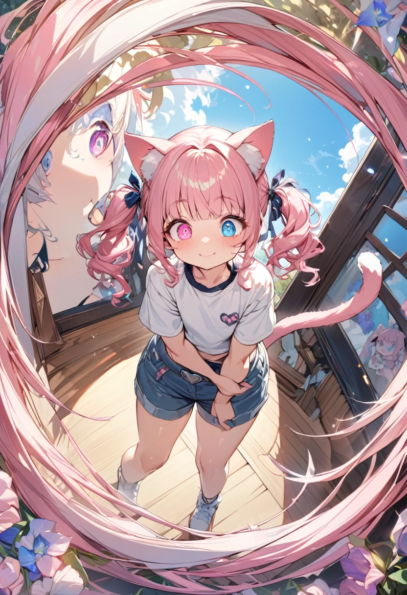 masterpiece, best quality, insanely detailed, 16K, absurdres, Full-HD,, hopeful, smile,looking away, twintail, two side up, bun hair, wave hair, medium hair,twintails, hair bun, blunt bangs, wavy hair, shiny hair, pink hair, colored inner hair, pink eyes, blue eyes, odd eyes, with heart-shaped irises, with sparkling eyes, with diamond-shaped irises, with star-shaped irises, with irises, big eyes, droopy eyes, heterochromia, wide-eyed, with heart-shaped eyes, with heart-shaped pupils, fair skin, shiny skin, detailed skin, chibi, slim, tube top, shorts, hair ribbon, sunglasses, smaller face, with cat ears, cat tail, cute face, baby face, japanese idol, 9-year-old, , kawaii, cute, full body shot, from front, front view, from above, wide view, wide shot, golden ratio, framing composition