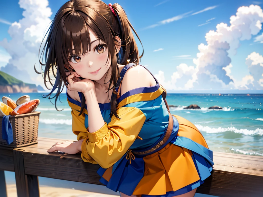 (masterpiece、Highest quality:1.2),Frame In、 Cowboy Shot, solo, One Girl, Seeing the viewer, (Highest quality, 8k, oil, Tabletop:1.2), Very detailed, (Realistic, Realistic:1.37), Vibrant colors, (((Frolic at the seaside)))、Off-the-shoulder yellow T-shirt、mini skirt、Blue Skirt、Side Ponytail、Brown Hair、smile、blue sky、horizontal line