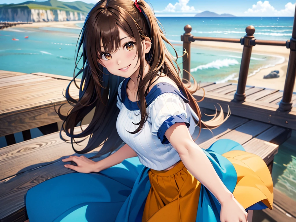 (masterpiece、Highest quality:1.2),Frame In、 Cowboy Shot, solo, One Girl, Seeing the viewer, (Highest quality, 8k, oil, Tabletop:1.2), Very detailed, (Realistic, Realistic:1.37), Vibrant colors, (((Frolic at the seaside)))、Off-the-shoulder yellow T-shirt、mini skirt、Blue Skirt、Side Ponytail、Brown Hair、smile、blue sky、horizontal line