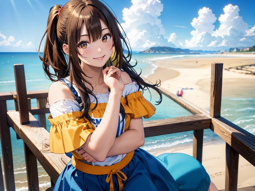 (masterpiece、Highest quality:1.2),Frame In、 Cowboy Shot, solo, One Girl, Seeing the viewer, (Highest quality, 8k, oil, Tabletop:1.2), Very detailed, (Realistic, Realistic:1.37), Vibrant colors, (((Frolic at the seaside)))、Off-the-shoulder yellow T-shirt、mini skirt、Blue Skirt、Side Ponytail、Brown Hair、smile、blue sky、horizontal line