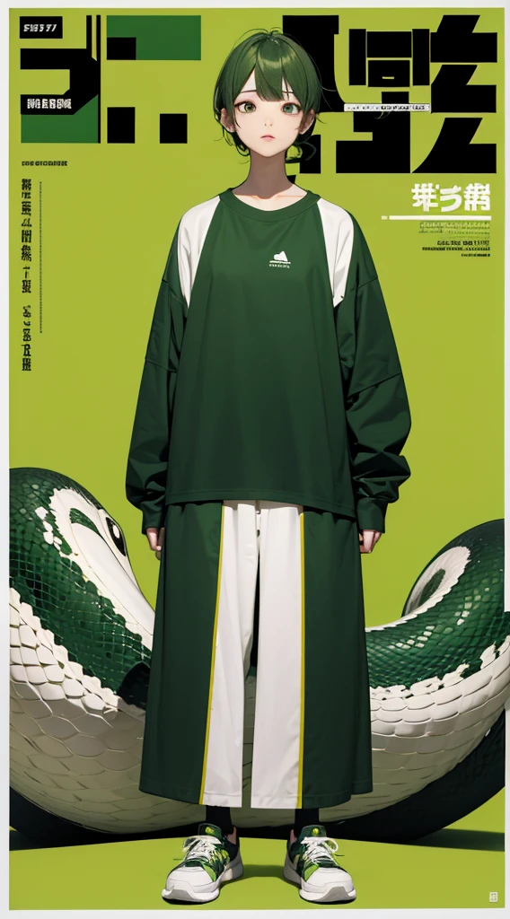 サイバーパンク, オーバーサイズパーカー, Wearing big sneakers, whole body, Simple Background, Magazine cover style, Snake themed characters, Dull green image color, Snake&#39;s Tail, The snake&#39;s tongue is sticking out of its mouth, snake pupils, tachi-e, projected inset, UHD, best quality, highres, 8k