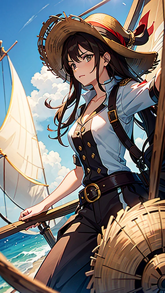 1 female, medium length brown hair, hazel eyes, wearing pirate outfit, at the helm of a pirate ship, wearing straw hat with red band, wearing straw hat