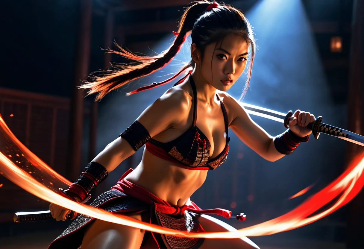 1girl samurai, micro bikini, epic fighting stance, swing sword of fire, jumping, dodging, white light trail behind her movement, cinematic motion, dramatic light, dimmed light, UHD, fine contrast, perfect face, focused eyes, mean sight, red light eyes, long ponytail, UHD, masterpiece, best quality wallpaper